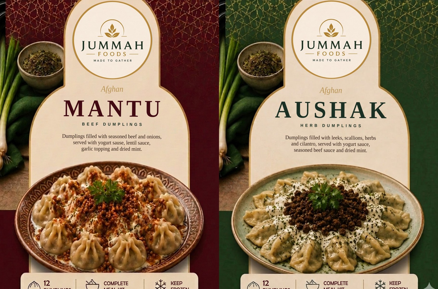 Jummah Foods Mantu and Aushak, Afghan beef and herb dumplings