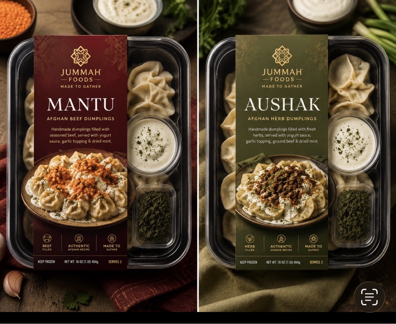 Jummah Foods Mantu and Aushak — Afghan beef and herb dumplings